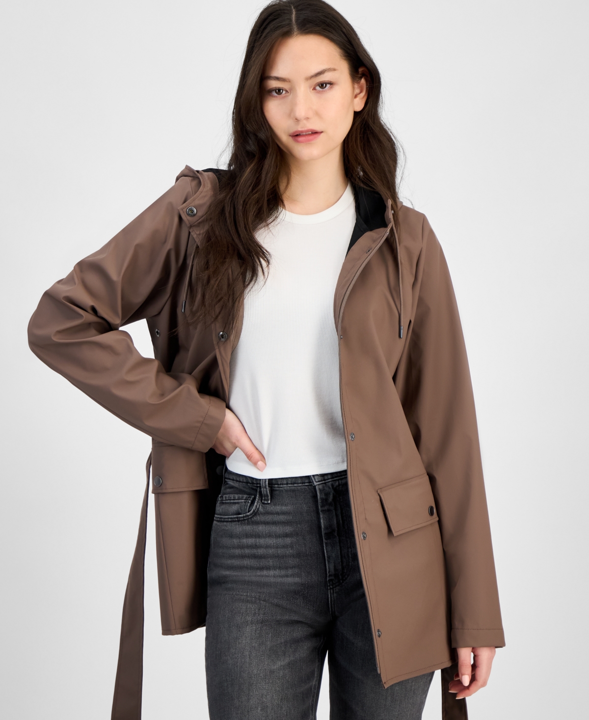 Rains Women's Tie-waist Snap-front Hooded Rain Coat In Dune