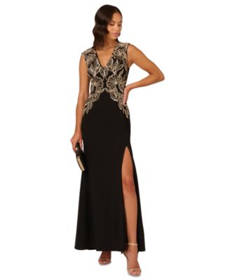 Adrianna Papell Women s Beaded V Neck Slit Front Gown Macy s