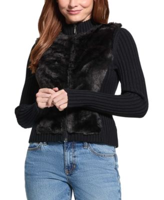 GUESS - Women's Mila Mixed Media Faux-Fur Zip-Front Cardigan