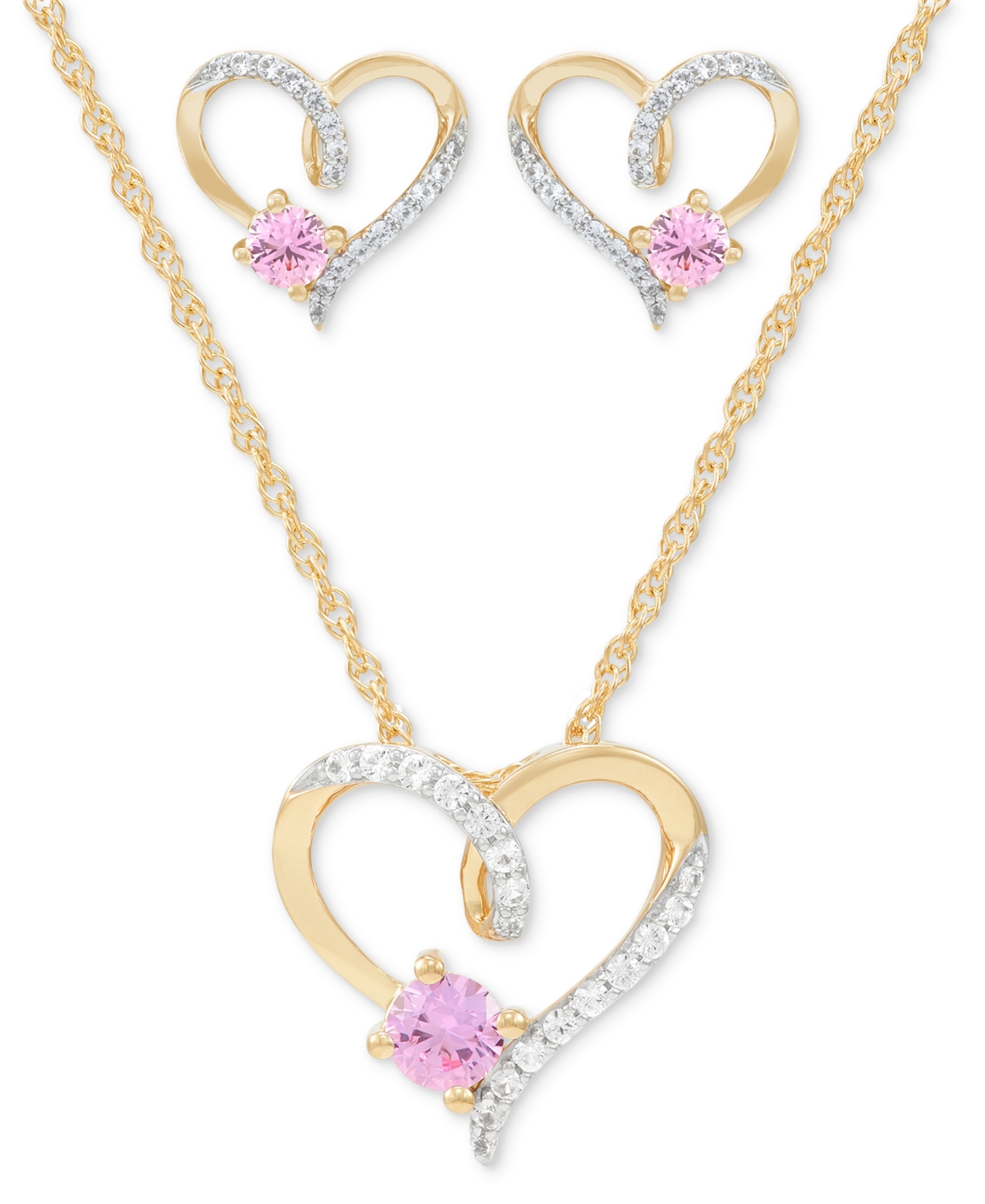 Macy's 2-pc. Set Lab Created Pink Sapphire (3/4 Ct. T.w.) & Lab Created White Sapphire (1/3 Ct. T.w.) Heart In 14k Yellow Gold Over Sterling Silver