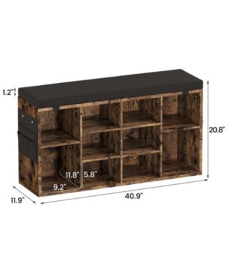 104" Wood & Metal Cushion Shoe Bench with Side Pocket, Adjustable Shelves & 10-Cubby Organizer Cabinet