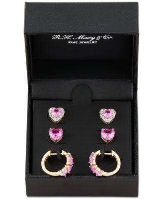 3-Pc. Set Lab Created Pink Sapphire (6 ct. t.w.) & Lab Created White Sapphire (1/2 ct. t.w.) Heart Stud & Small Hoop Earrings 14k Gold-Plated Sterling Silver