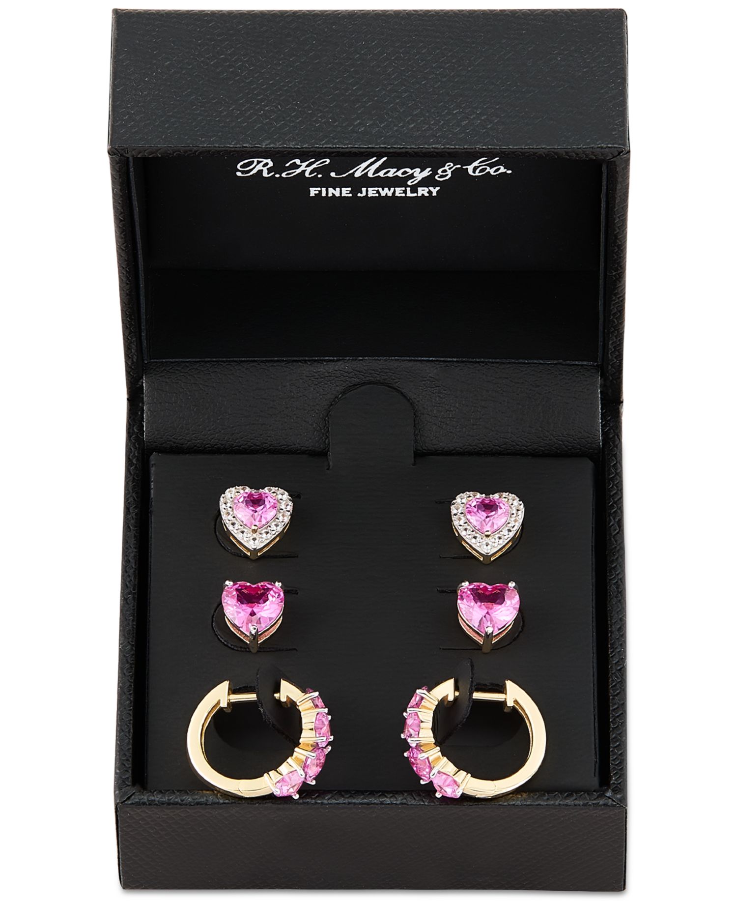 3-Pc. Set Lab Created Pink Sapphire (6 ct. t.w.) & Lab Created White Sapphire (1/2 ct. t.w.) Heart Stud & Small Hoop Earrings 14k Gold-Plated Sterling Silver