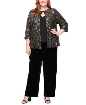 Plus Size Sequined Layered Look Top Velvet Side Stripe Straight Leg Pants