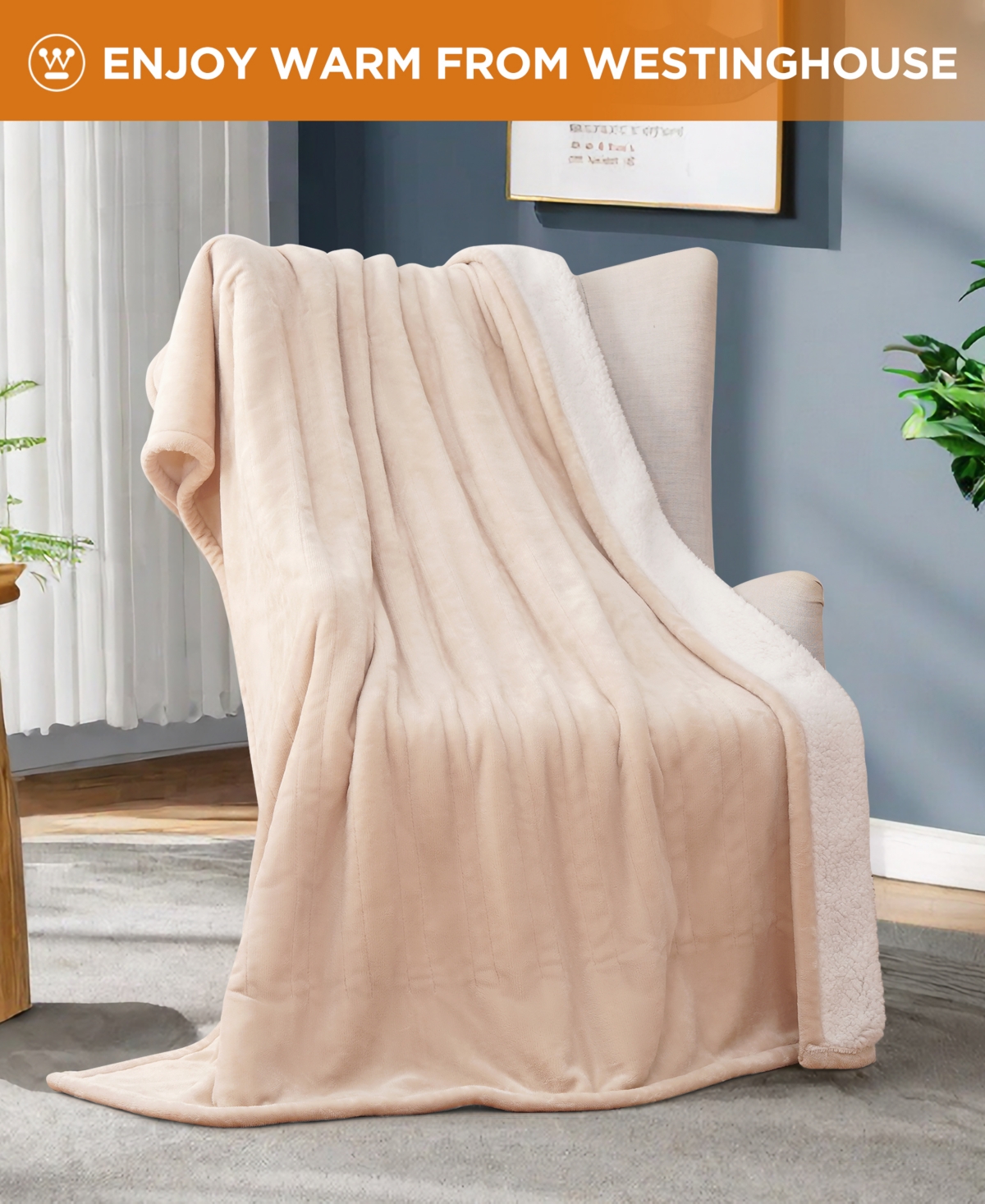Westinghouse Heated Flannel And Sherpa Blanket, Full In Beige