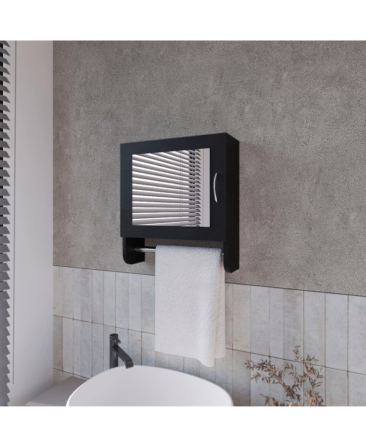 Pine Medicine Cabinet in Melamine With a Towel Bar And Included Mirror, Black - Black