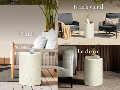 Outdoor Side Table, 18'' Cement Outdoor End Tables for Patio, Garden Accent Table, Modern Small Round Side Table