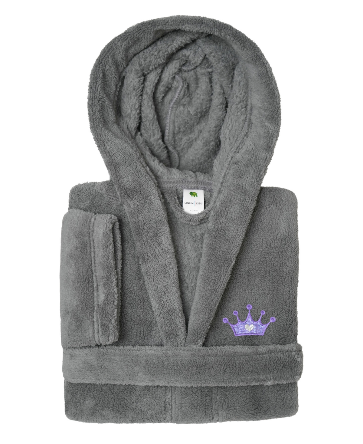 Linum Home Kids Crown Super Plush Double Brushed Hooded Bathrobe In Grey,purple