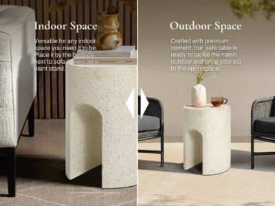 Outdoor Side Table, 17.5'' Mod Cream Cement Small Accent Table, Round with U-Shape End Tables for Garden,Patio,Balcony, Plant Stand