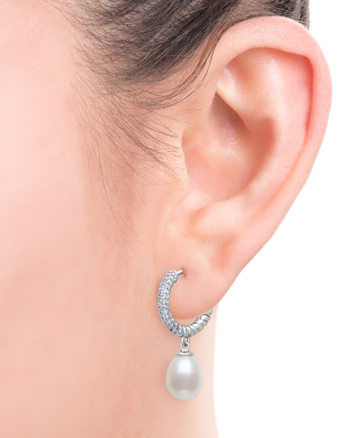 Belle De Mer Cultured Freshwater Pearl (7-8mm) Charm Lab-created Sapphire (1/6 Ct. T.w.) Hoop Earrings In Sterlin In White