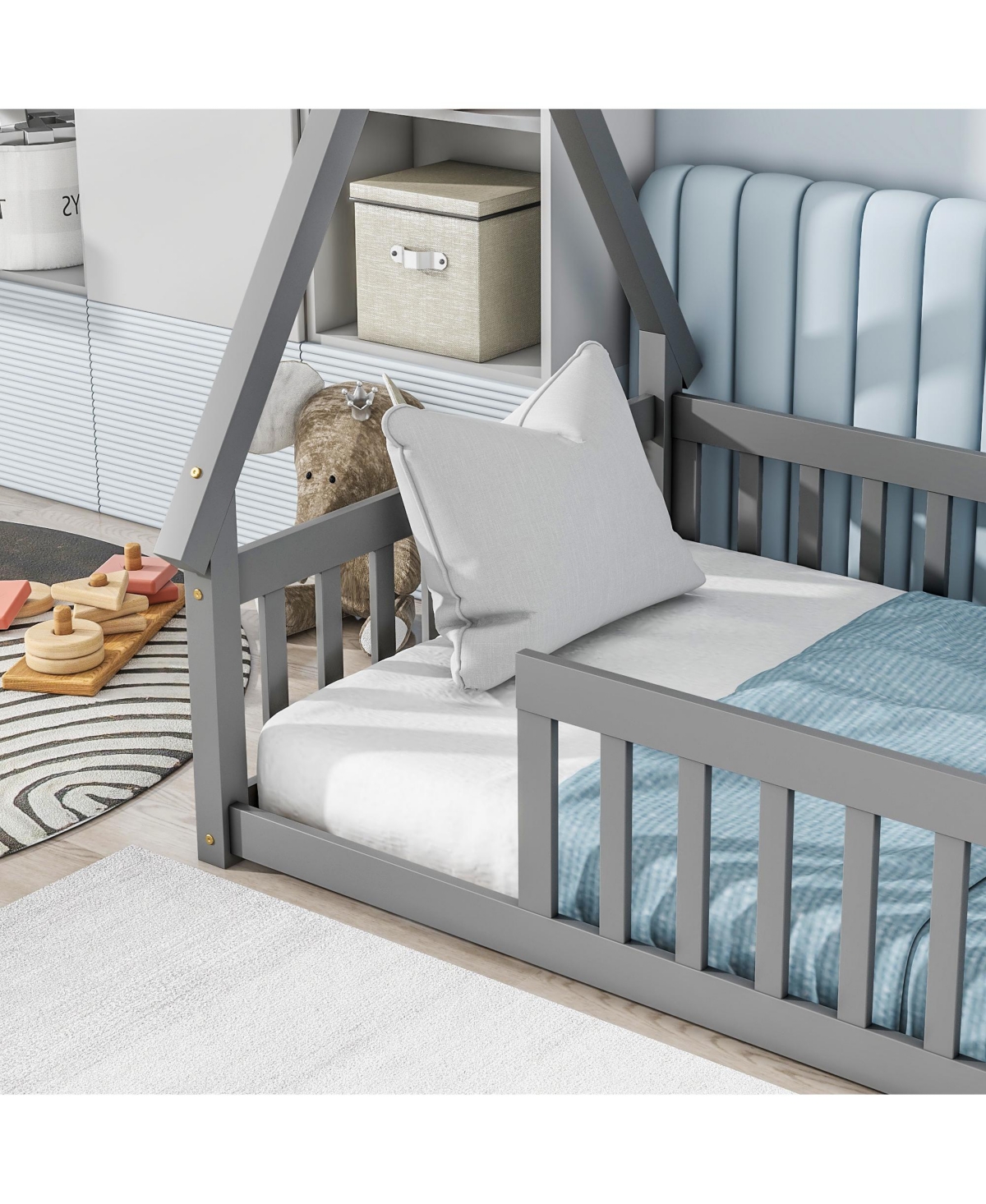 Slickblue Twin Tent-Shaped Floor Bed - Teepee Design with Guardrails and Slats, Perfect for Cozy and Safe Sleeping Spaces for Kids - Grey
