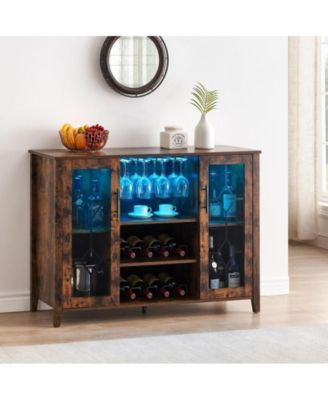 Wine Bar Cabinet with Led Light,Home Coffee Cabinet with Wine and Glass Rack,Kitchen Buffet Sideboard with Storage,Liquor Cabinet for Bar,Dining Room,Kitchen(Rustic Brown)