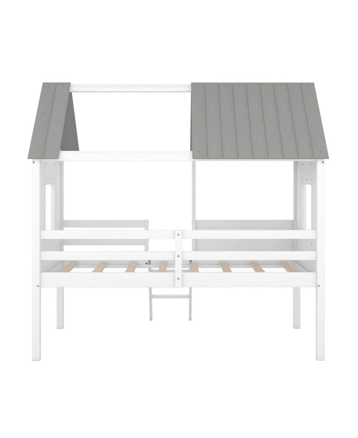 Slickblue Twin Size Low Loft Wood House Bed with Two Side Windows (White+Brown)