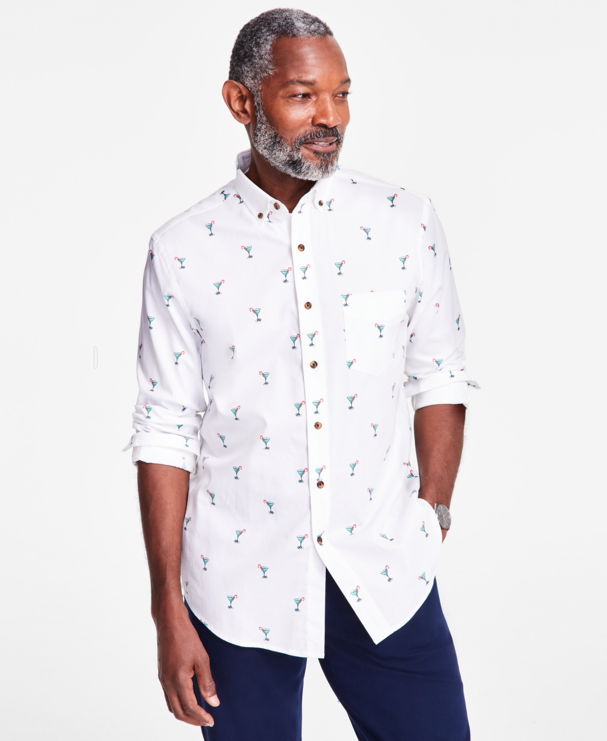 Men's Brushed Cotton-Blend Candy-Cane Print Shirt, Exclusively at Macy's - Bright White