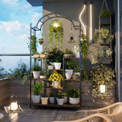 5-Tier Tall Plant Stand  Arched Metal Flower Display Holder Hanging Hooks