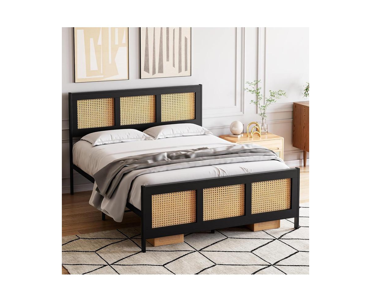 gaomon Size Bed Frame with Rattan Headboard and Footboard, Rattan Platform Bed Frame, Mattress Foundation, No Box Spring Needed,- Black