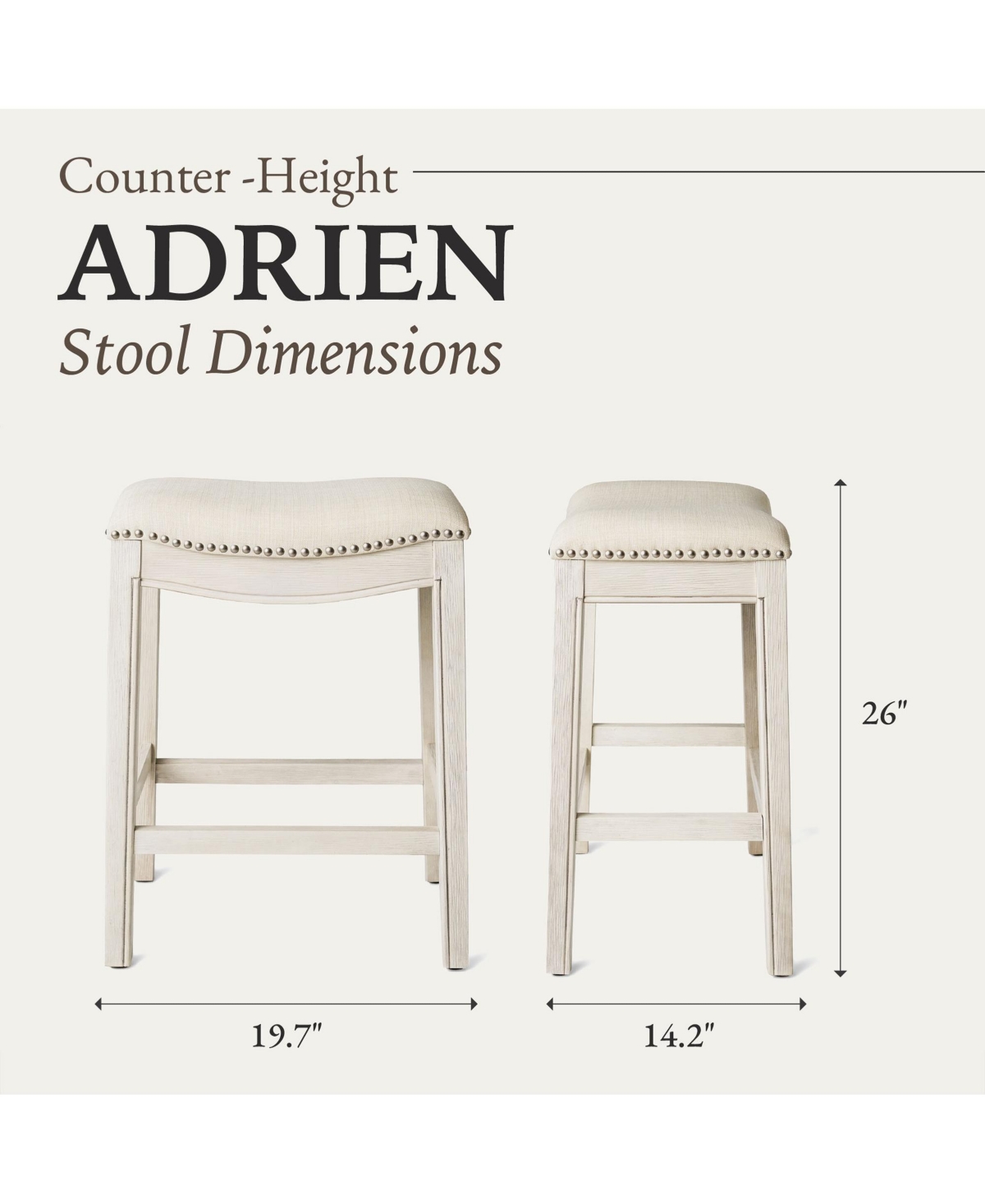 Maven Lane Adrien Saddle Counter Stool Oak Finish w/ Natural Fabric Upholstery - White