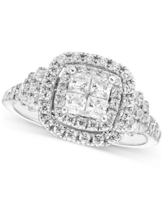 Macy's - Diamond Princess & Round Quad Cluster Double Halo Ring (1 ct. t.w.) in 10k White Gold