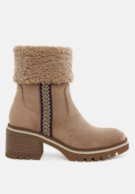 Womens Woolly Faux Fur & Embroidery Detail Boots