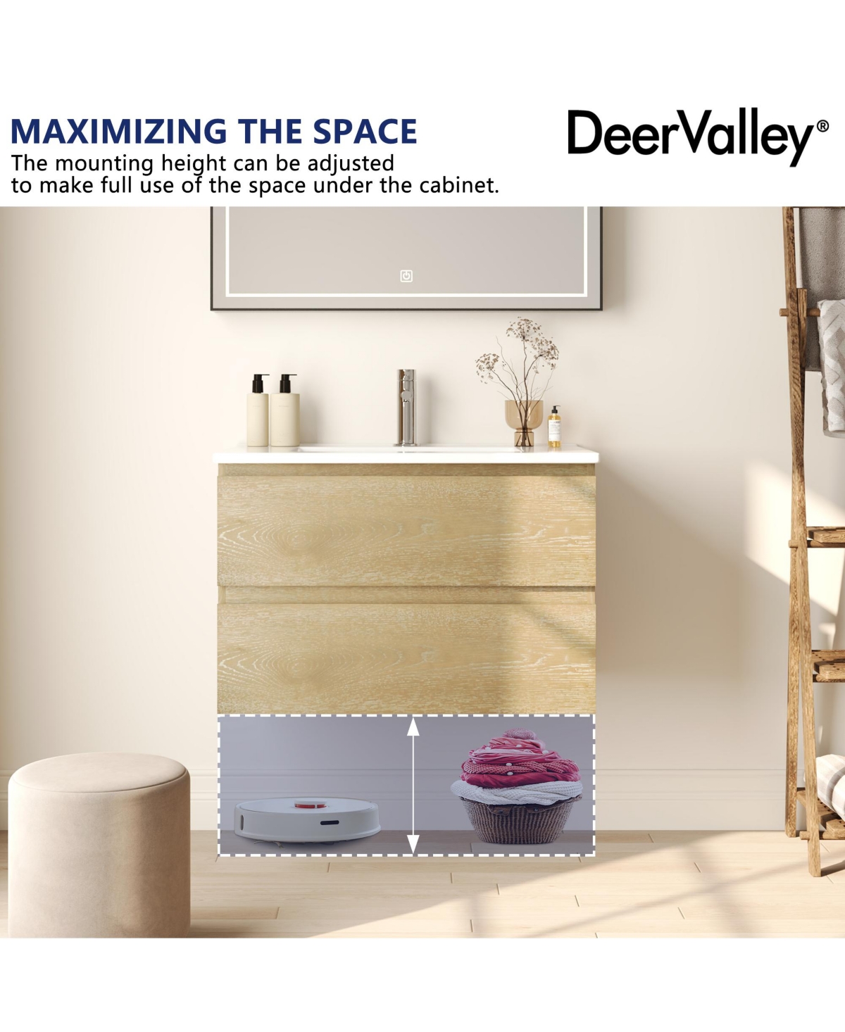 DeerValley 30'' Wall Mounted Bathroom Vanity with Ceramic Sink Top, Pre-assembled Floating Bathroom Cabinet