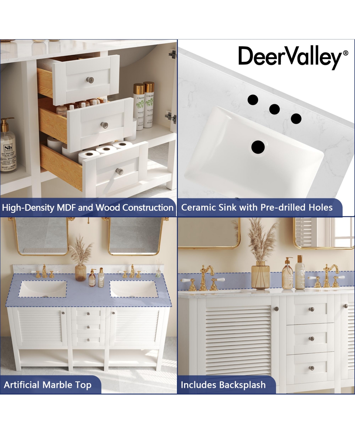 DeerValley 60'' Bathroom Vanity Double Sink Top with Backsplash, Pre-assembled Bathroom Cabinet- White