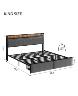 King Size Led Bed Frame with Headboard and 2 Storage Drawers, Upholstered Platform Bed with Charging Station, No Box Spring Needed