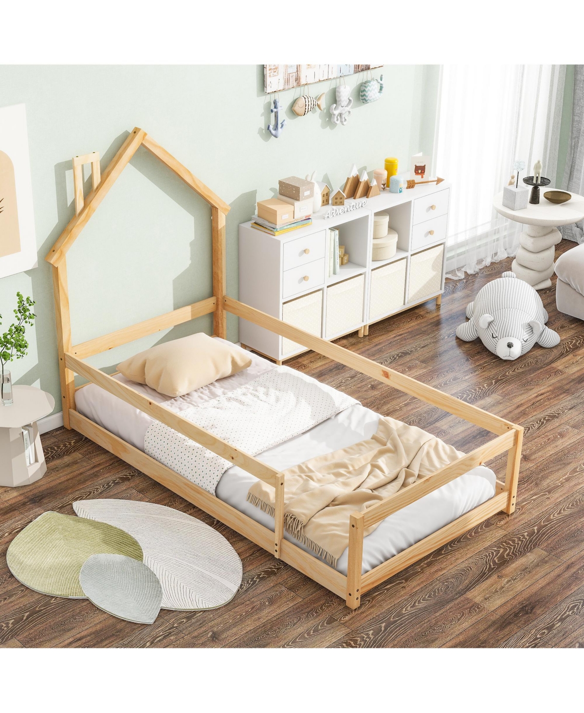 Slickblue Twin Size Wood bed with House-shaped Headboard Floor bed with Fences,Light Blue