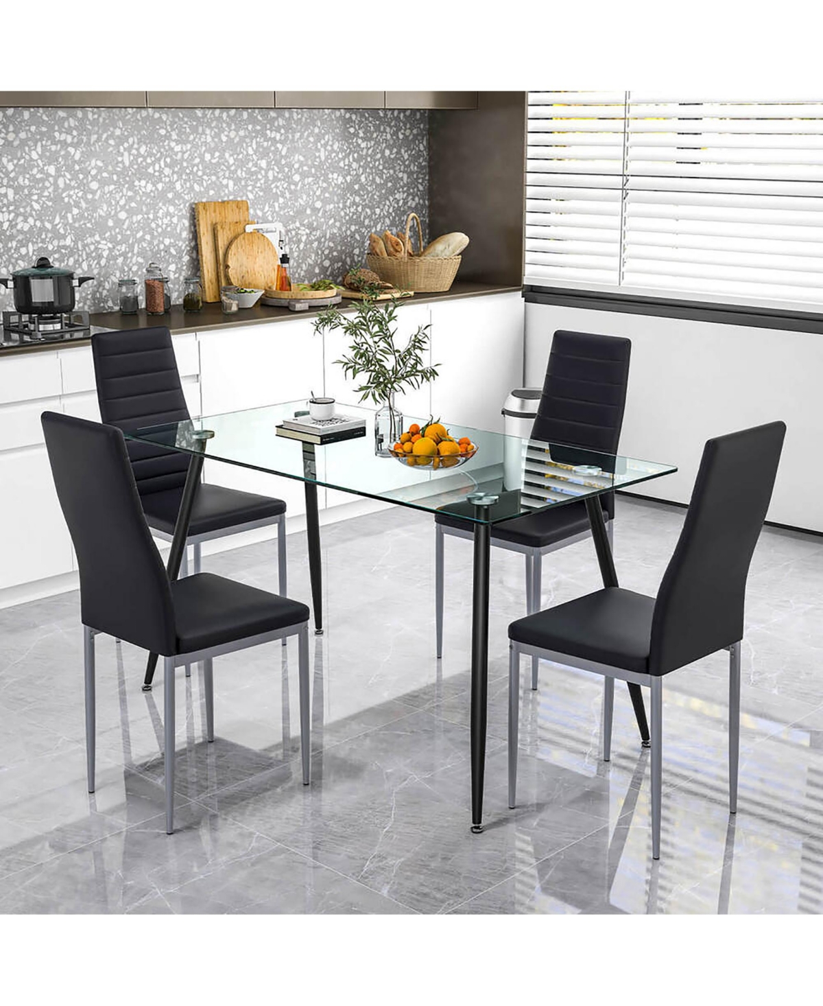 Gymax 5 Pcs 51'' Rectangle Dining Set 0.3'' Thick Glass Table w/ 4 Padded Dining Chairs - Black+silver