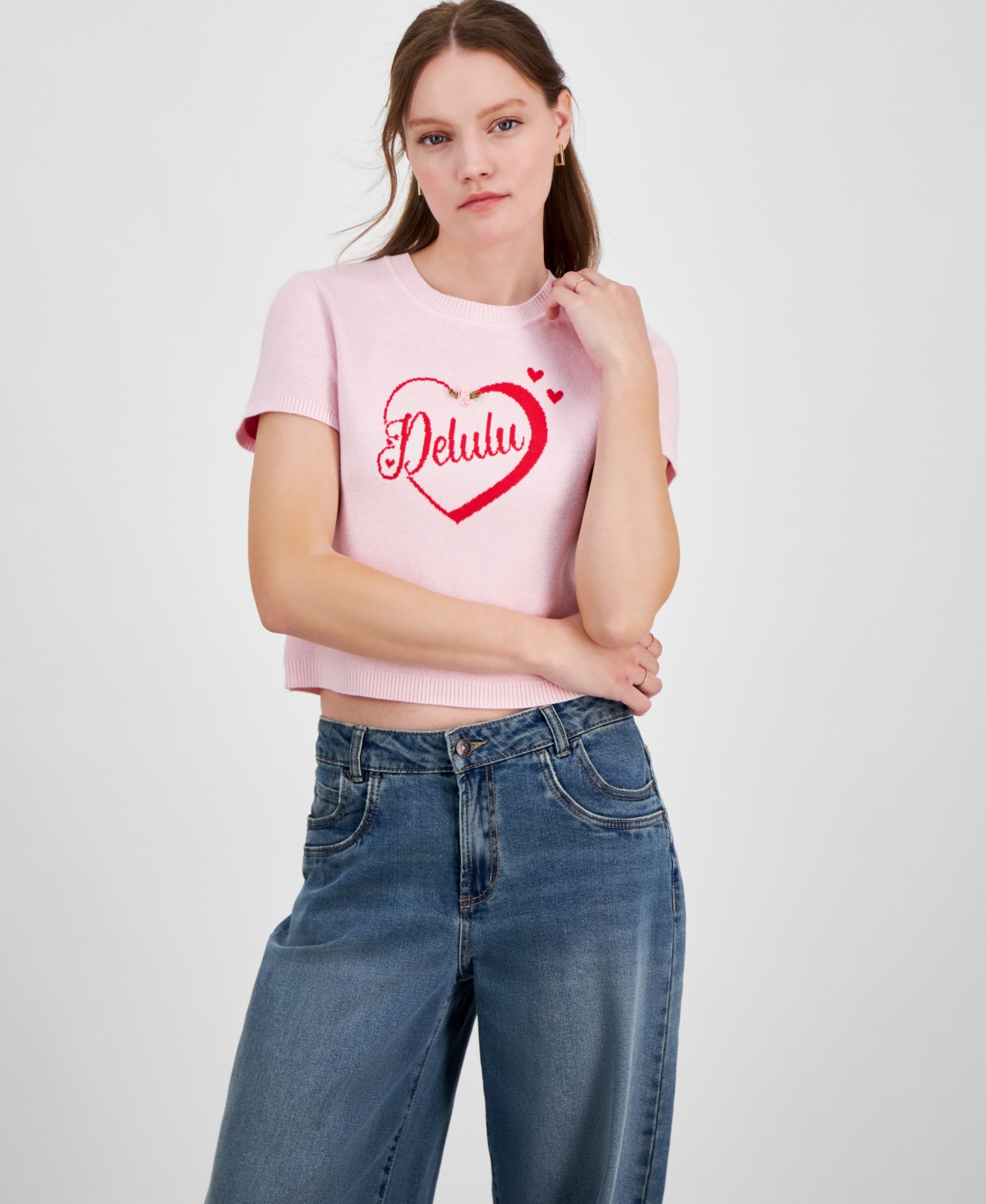 Juniors' Delulu Short-Sleeve Sweater - Lt Pink Combo