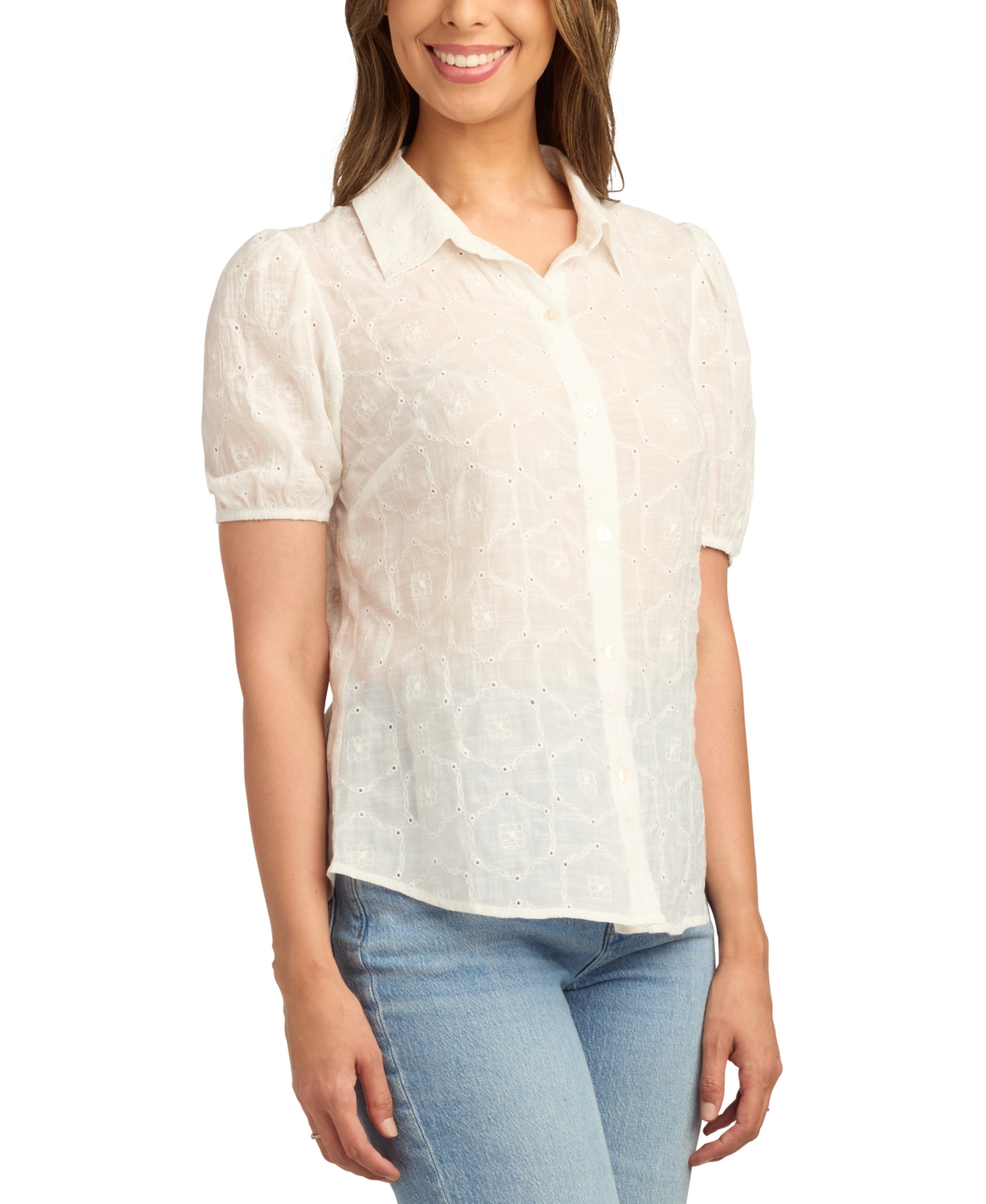 Bcx Juniors' Pointelle Embroidered Puffed-Sleeve Blouse