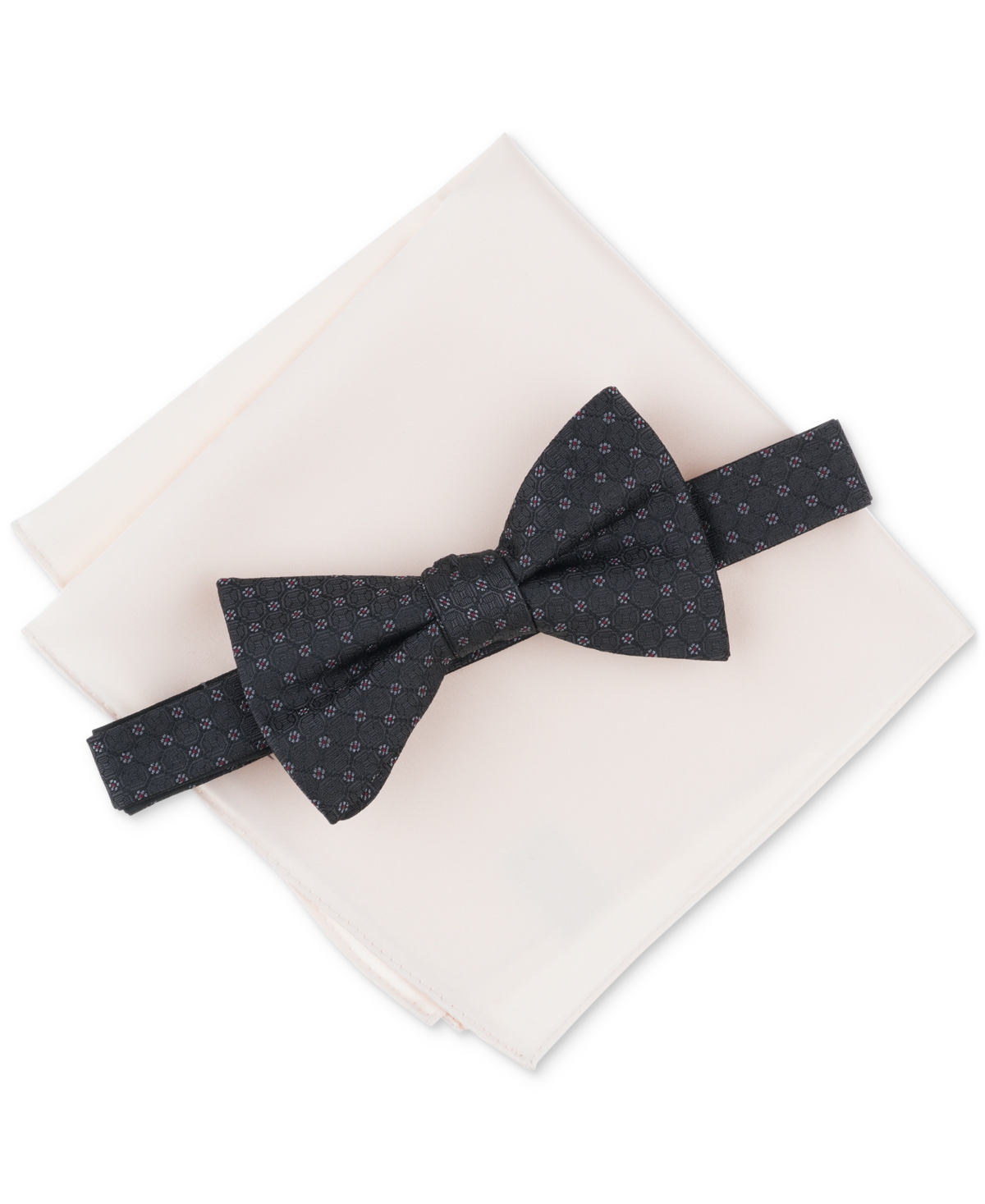 Men's Prince Geo-Pattern Bow Tie & Solid Pocket Square Set, Created for Macy's - Black