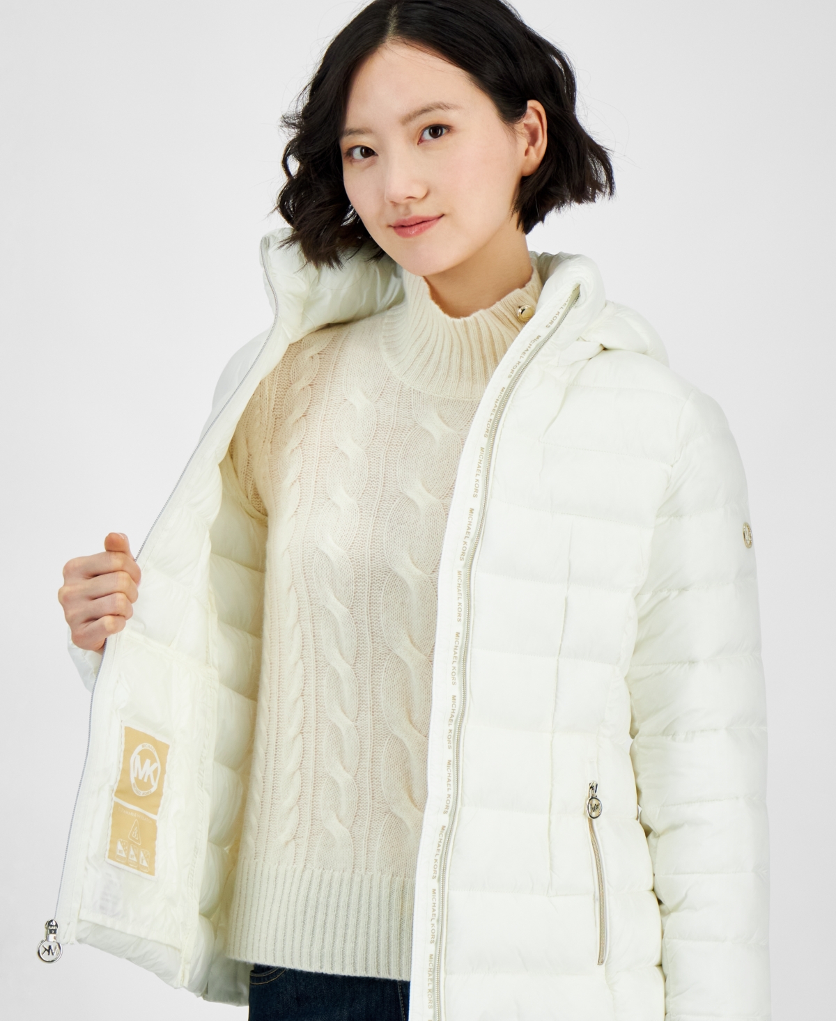 Michael Kors Michael  Women's Hooded Zip Packable Down Puffer Coat In Bone