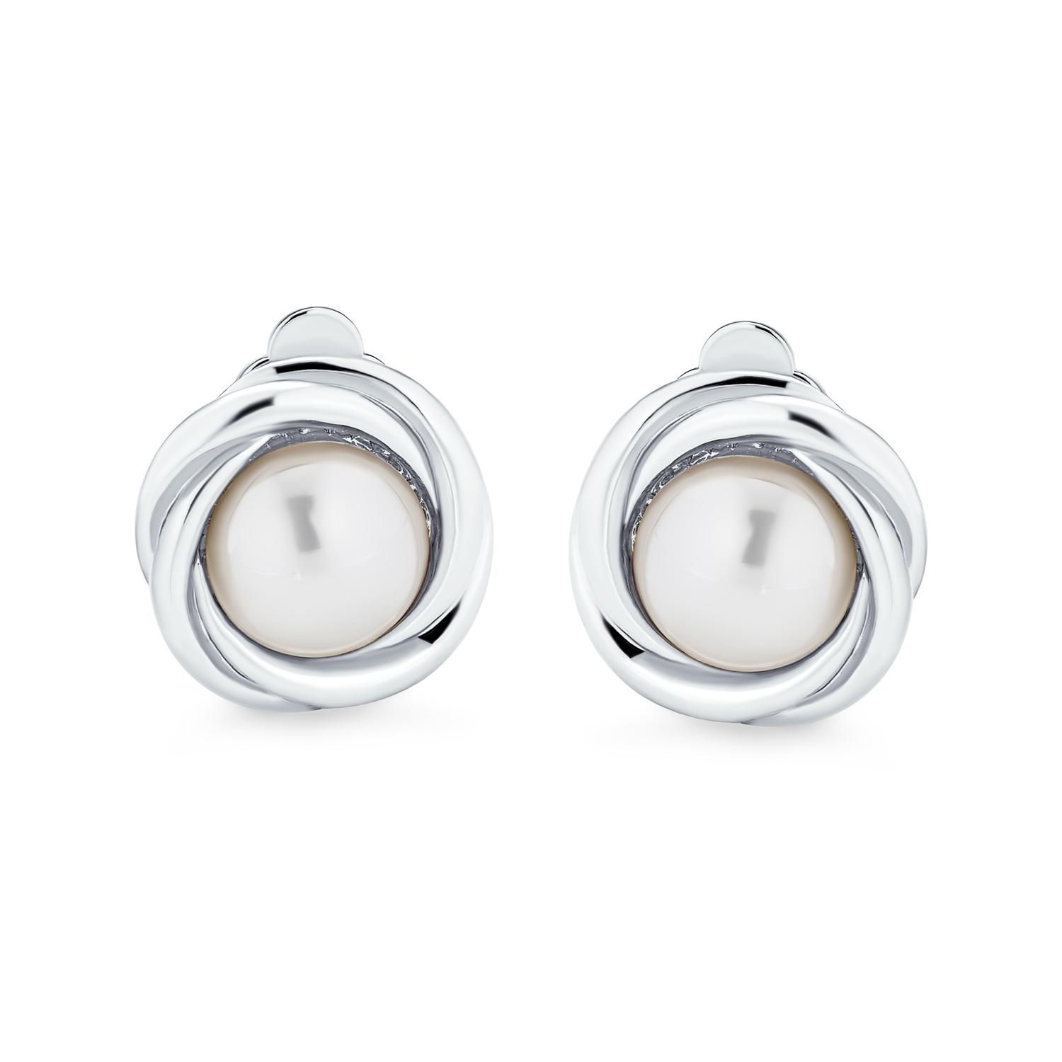 Classic Faux White Pearl Clip On Earrings Cable Bezel Set Gold Plated