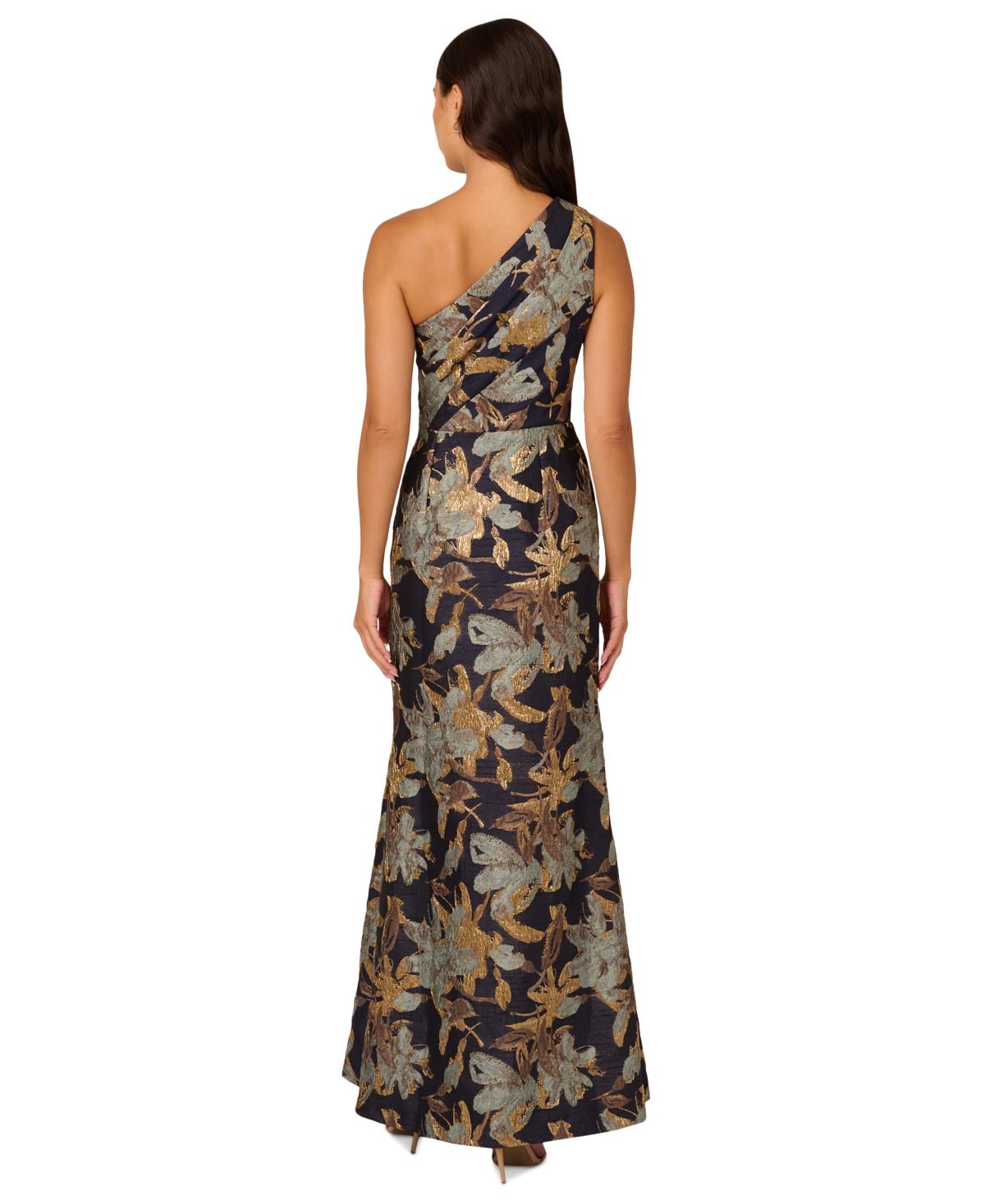 Shop Adrianna Papell Women's Jacquard One-shoulder Gown In Blue,gold