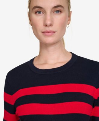 Women's Crewneck Stripe Sweater with Button Sleeve