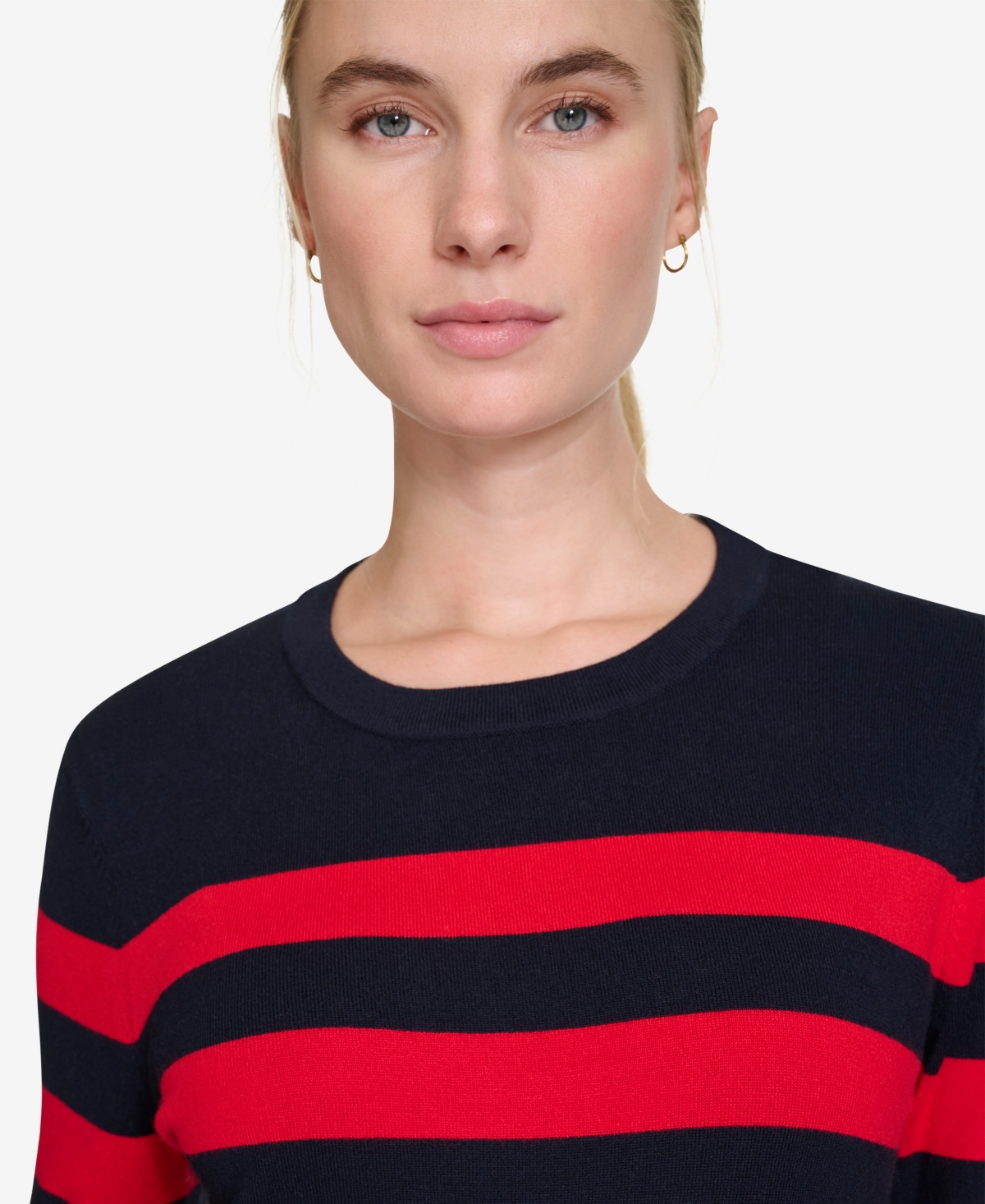 Nautica Jeans Women's Crewneck Stripe Sweater With Button Sleeve In Nigh Sky,regatta Red