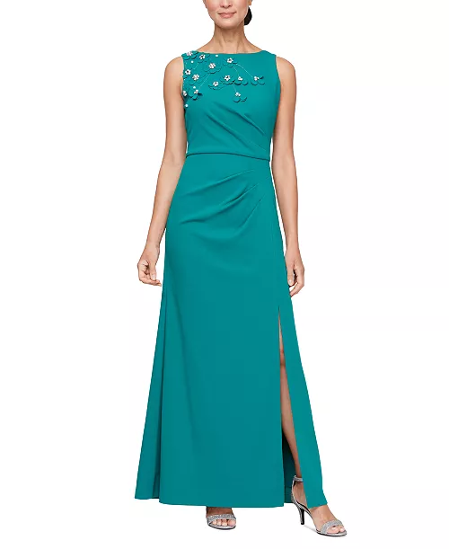 women's floral-appliqu&eacute; ruched gown