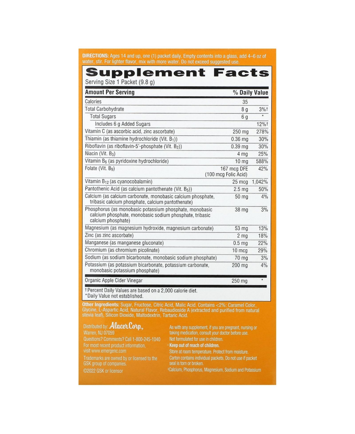 Emergen-c Apple Cider Vinegar Vitamin C Fizzy Drink Mix, Dietary Supplement for Immune