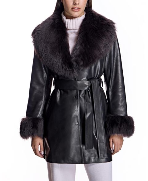 Женское пальто Julia & Stella By Maximilian Wrap Coat with Shearling Trim, цвет: Коричневый