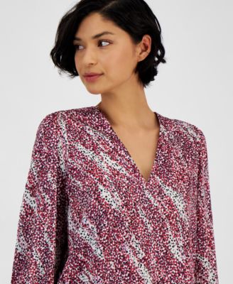 Women's Printed V-Neck Long-Sleeve Blouse