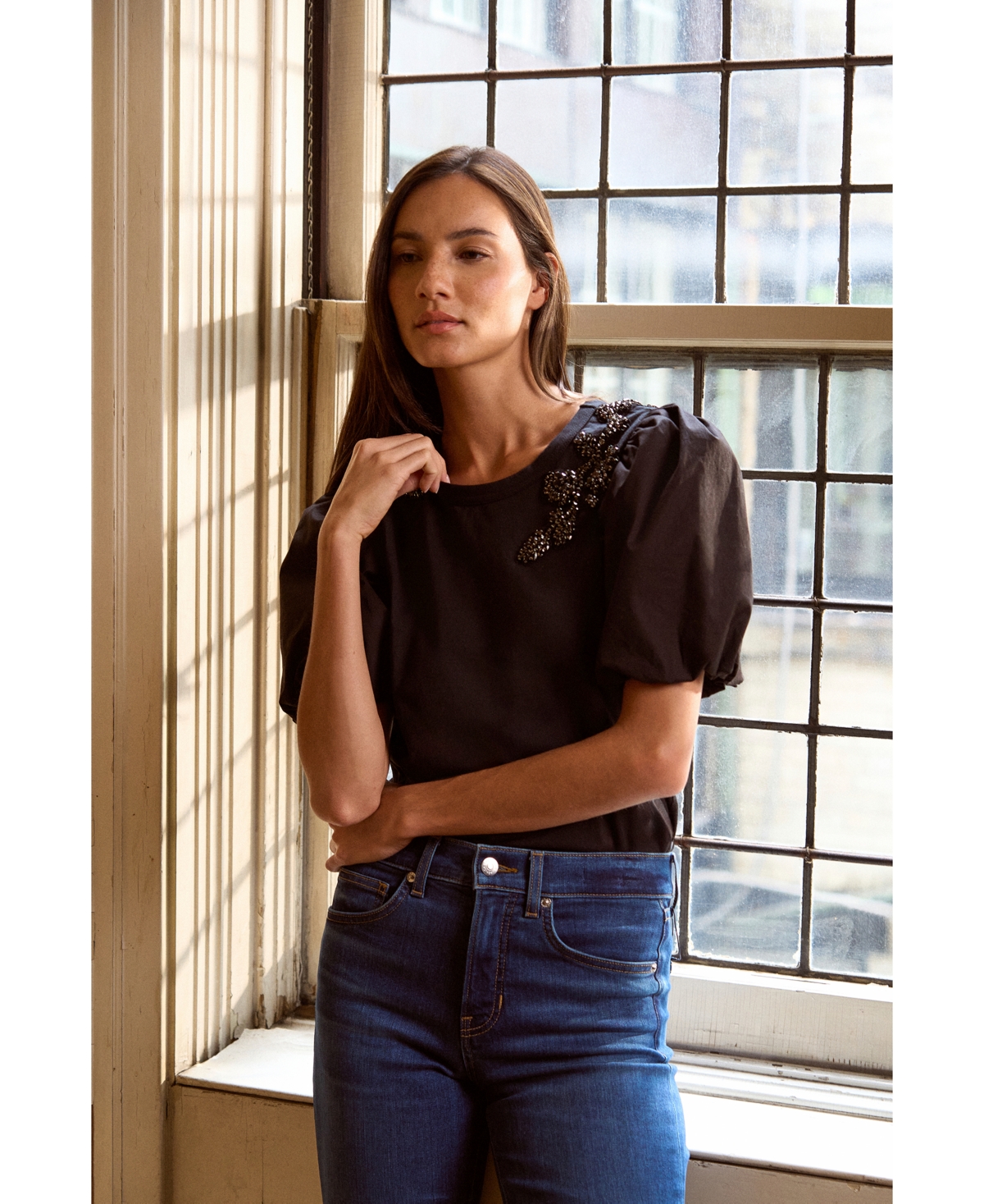 CeCe Women's Puff-Sleeve Bead-Embellished Top