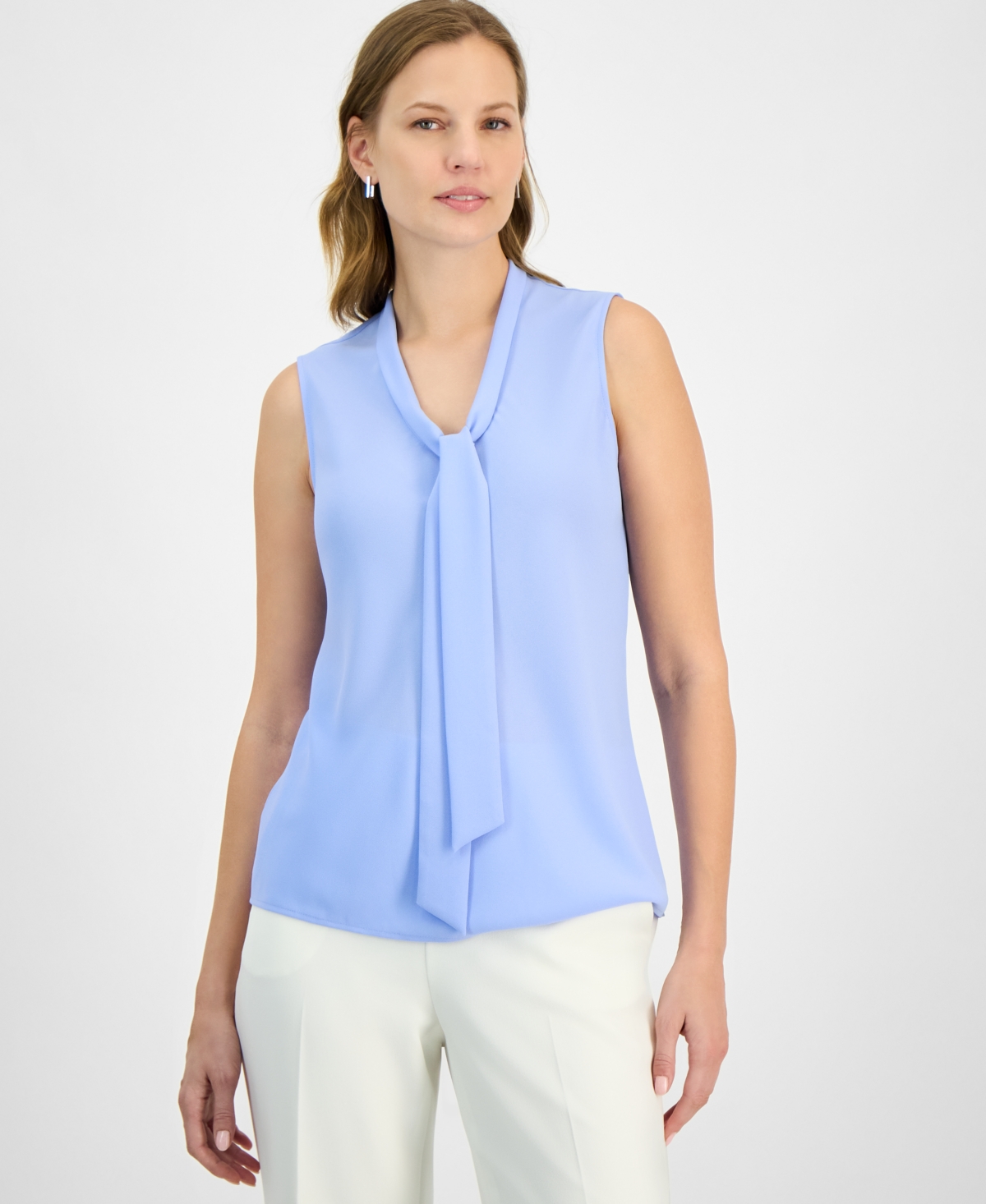 Women's Sleeveless Tie-Neck Top, Regular and Petite - California Sky
