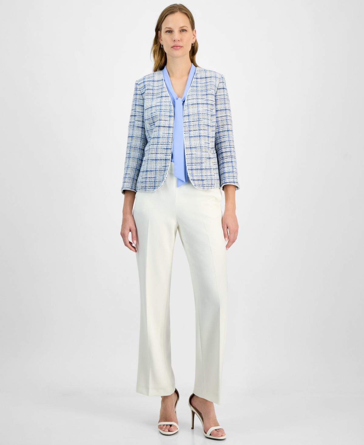 Kasper Women's Tweed 3/4-sleeve Open-front Blazer, Regular & Petite In California Sky Multi