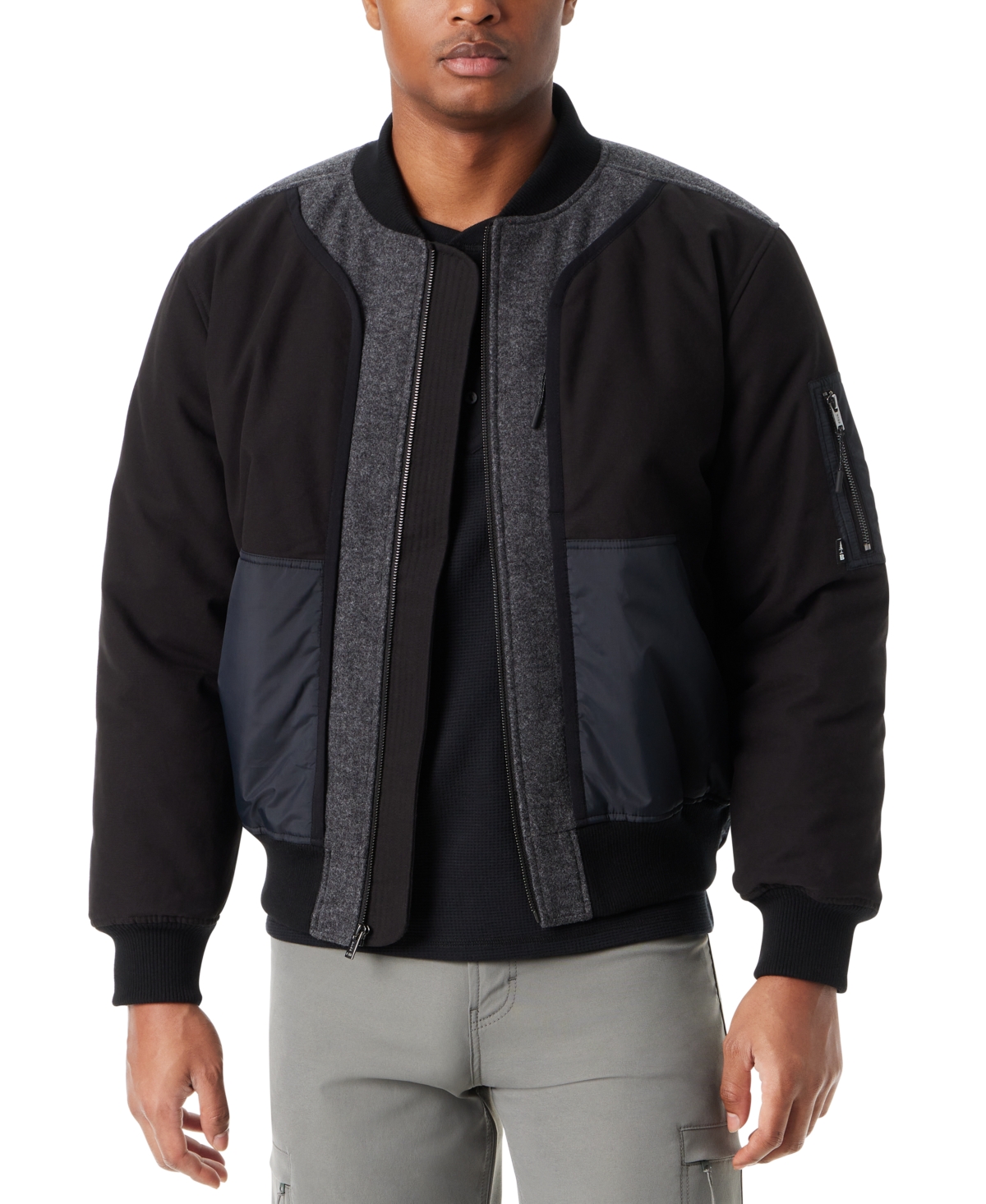 Men's Hero Mixed Media Zip-Front Bomber Jacket - Black Beau