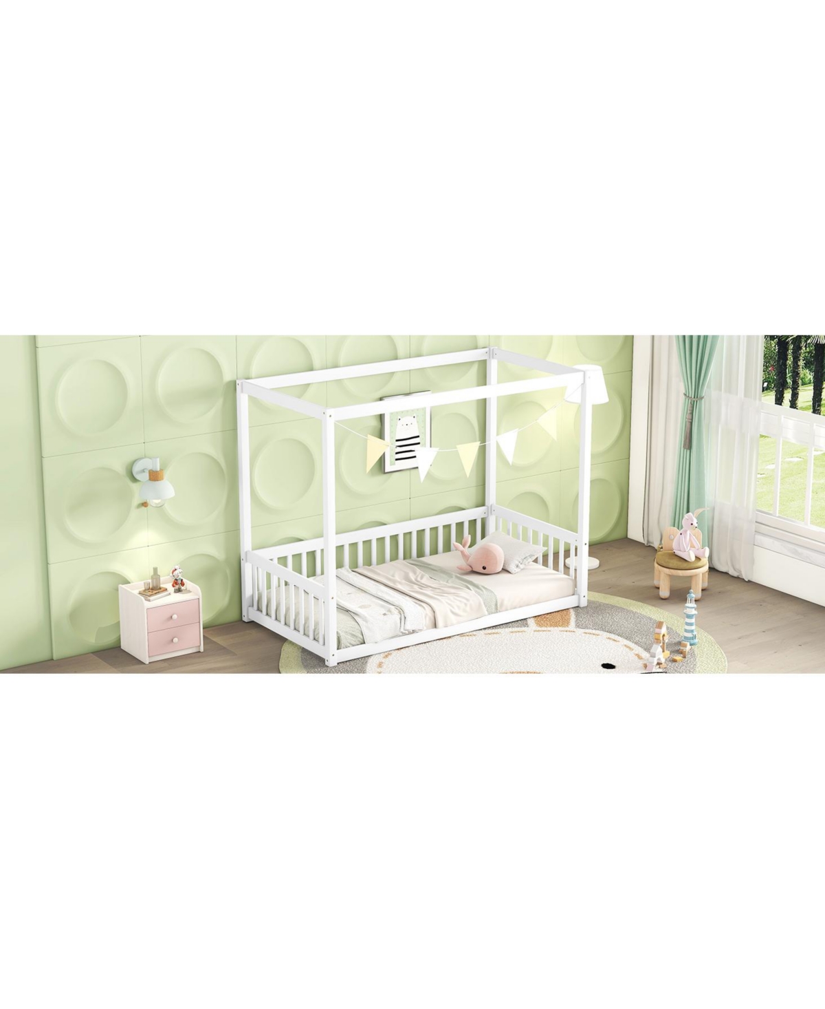 Slickblue Twin SizeCanopy Floor Bed Frame with Fence and Guardrails - White
