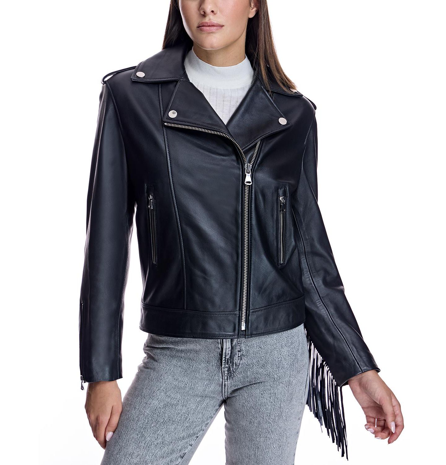 Женская куртка Julia & Stella By Maximilian Moto Jacket With Fringes, цвет: Чёрный — фото 1