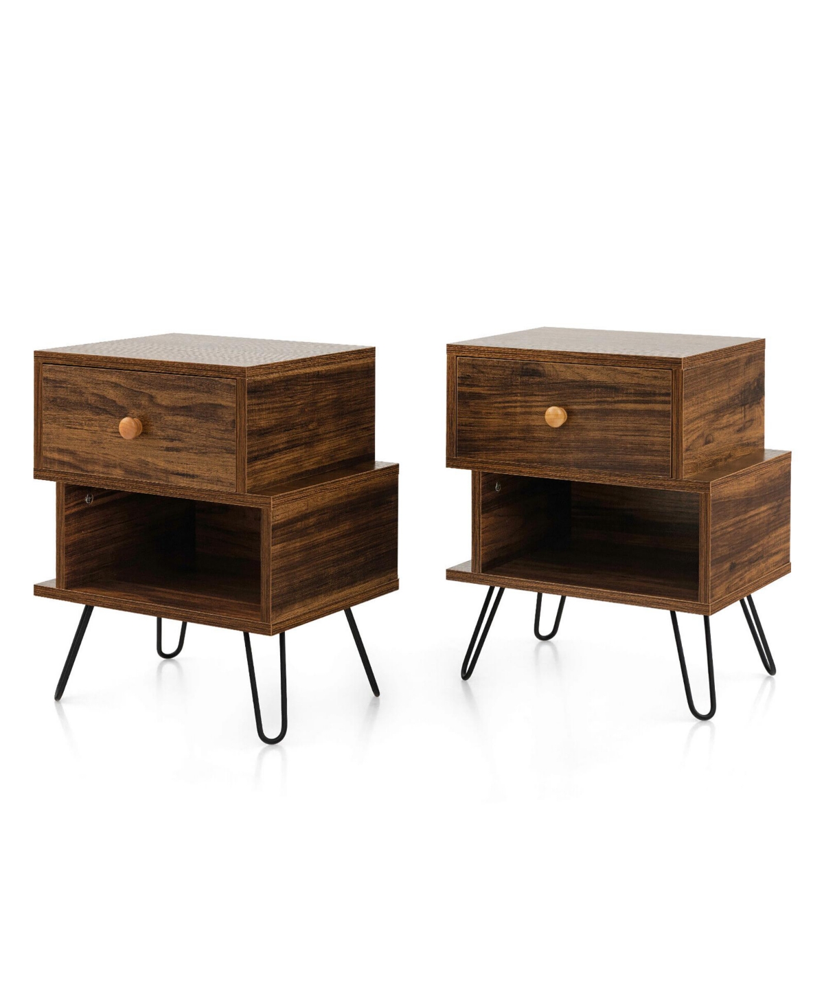 Gymax Nightstands Set of 2 w/Storage Drawer Open Shelf Mid Century End Tables- Walnut