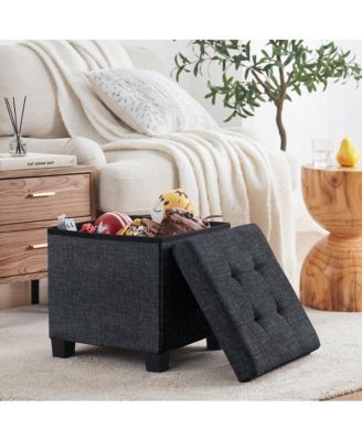 Foldable Tufted 15 Inch Square Linen Storage Ottoman with Legs