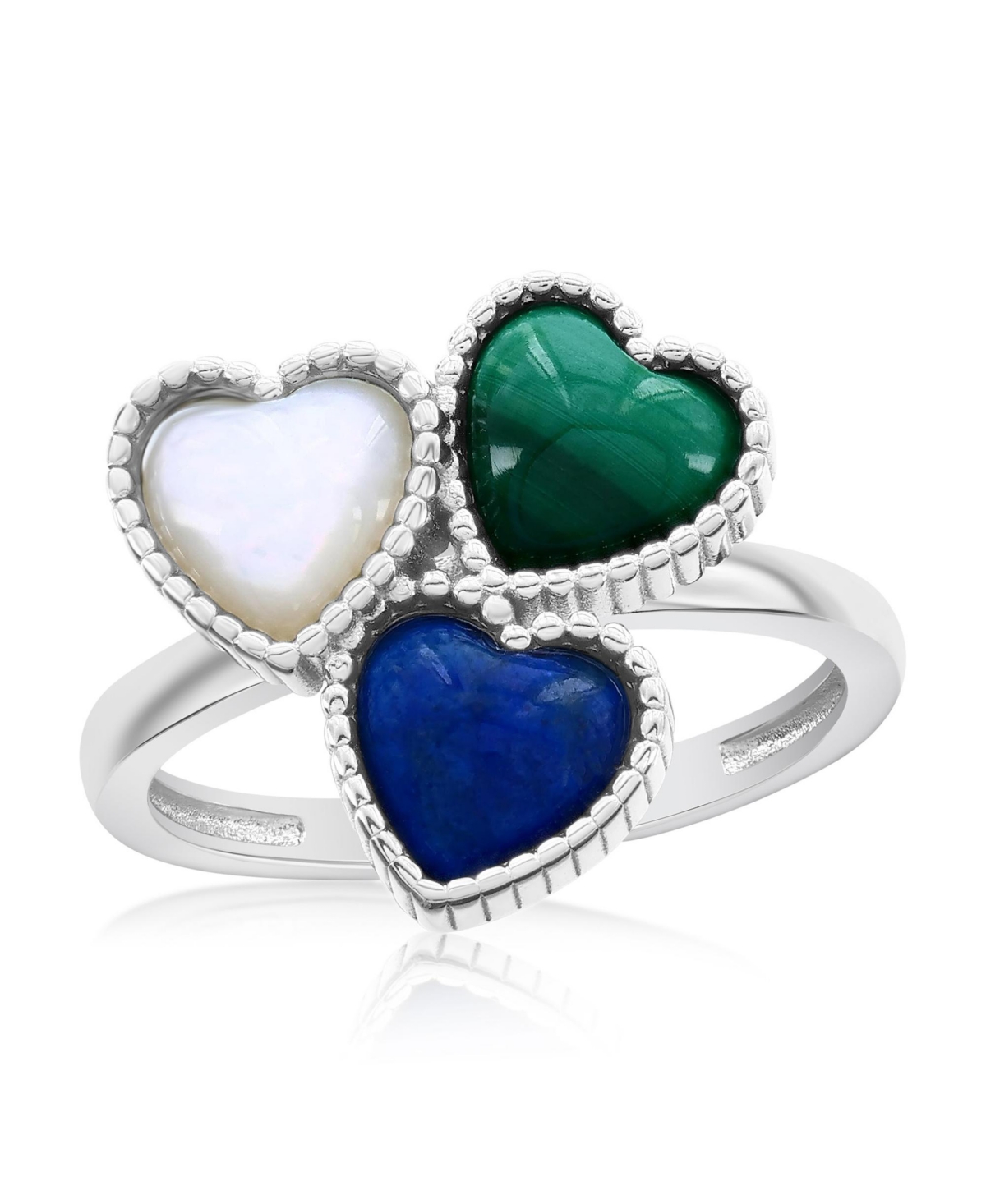 Sterling Silver Triple Cluster Heart Mop, Lapis, & Malachite Ring - Lapis, malachite  mop