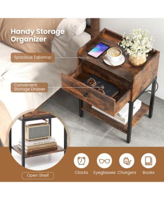 2 PCS Nightstand Side End Table w/ Charging Station Drawer Open Shelf
